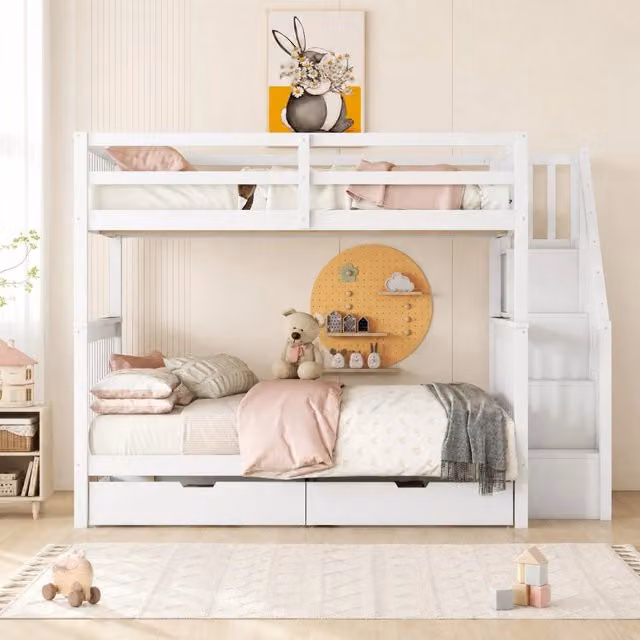 Letto a castello per bambini con scala contenitore, 2 cassetti e sponde alte, bianco, L/P/H: 200 x 140 x 160,5 cm