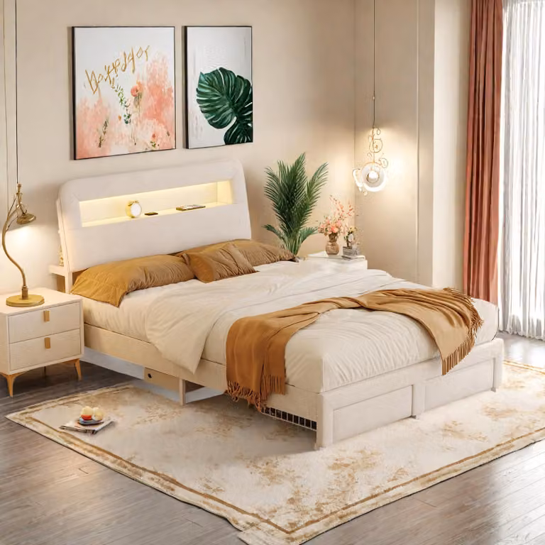 Letto imbottito Fortuna Lai 160x200 cm con contenitore, illuminazione LED e cassettiera - velluto, beige, 2 cassetti