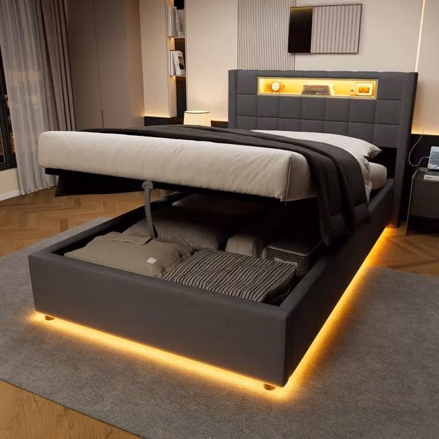 Letto contenitore singolo 90x200 cm con meccanismo idraulico; luci LED; prese elettriche; stazione di ricarica e velluto
