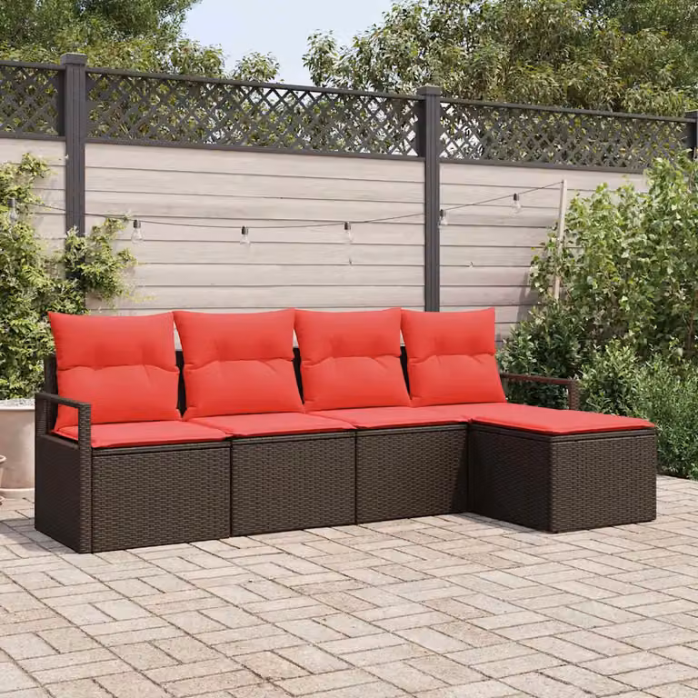 Set di divani da giardino a forma di L vidaXL con cuscini marroni e struttura in metallo e rattan