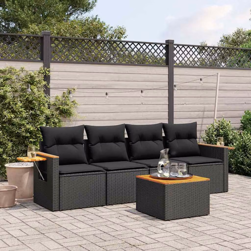vidaXL Set Divani da Giardino 5 Pezzi in Polyrattan Nero con Cuscini e Tavolino da Esterno – 1