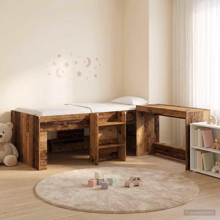 Letto a soppalco esclusivo con scrivania per bambini, 2 pezzi, realizzato in legno di recupero