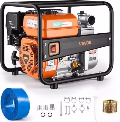VEVOR Pompa d'Acqua a Benzina Arancione con Girante in Ghisa e Tubo da 7,6 m per Irrigazione e Trasferimento Acqua in Piscina o Giardino con Portata Massima di 35885 L/H