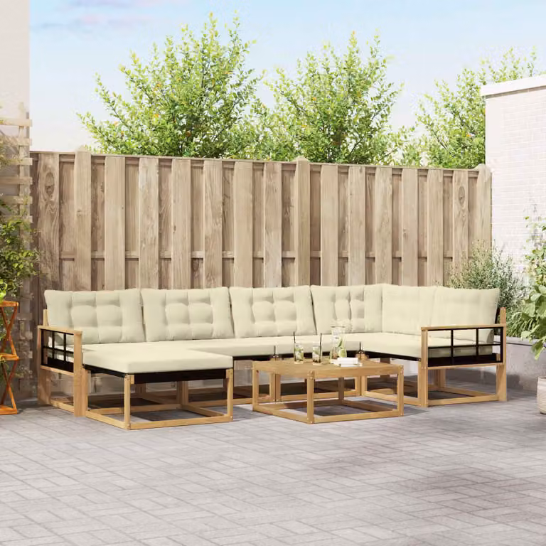 Set di divani da esterno vidaXL 7 pz in legno di acacia con cuscini bianco e beige