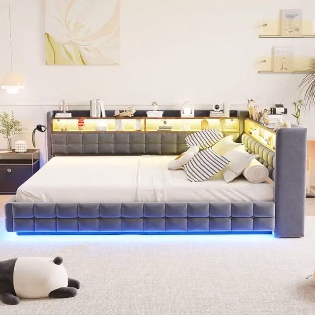 Divano letto 140x200cm - Deposito idraulico - LED e spine USB / Type-C - Scaffali laterali - Tessuto in velluto - Capacità 200kg - Grigio scuro
