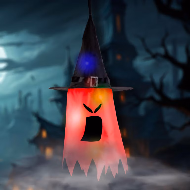 Decorazione LED per Halloween - fantasma - rosso - 10 LED colorati - da appendere - alimentazione: 2 batterie CR2032 - dimensioni: 75 x 35 cm