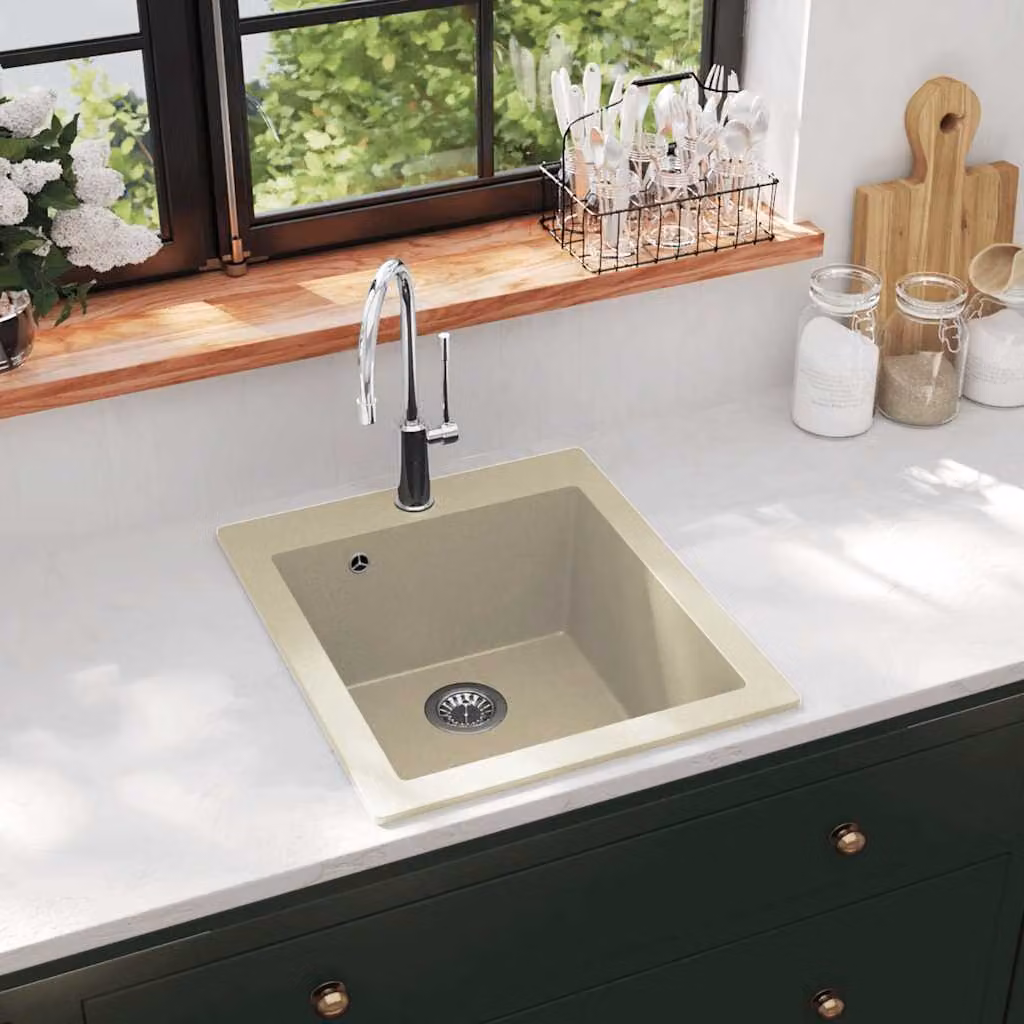 vidaXL Lavello da Cucina in Granito con Vasca Singola Beige L/P/H: 50,0 x 42,5 x 19,5 cm