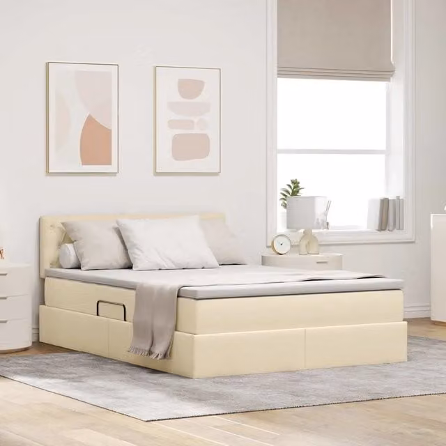 Letto con contenitore e materasso a molle vidaXL, colore beige, con illuminazione LED e porte USB, L/P/H: 140 x 200 x 104 cm