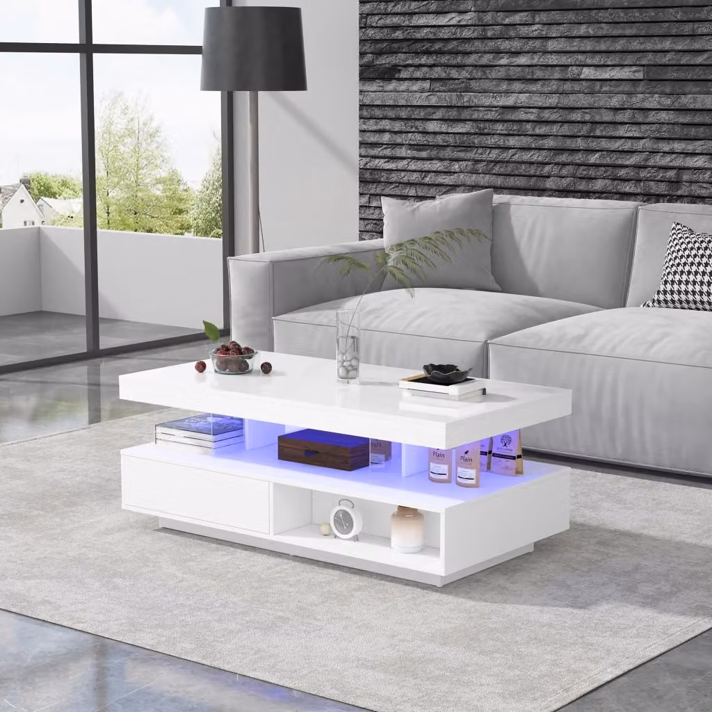 Tavolino da caffè moderno WISHDOR bianco lucido con 2 cassetti e 2 vani a giorno L: 95 cm, P: 50 cm, H: 42,5 cm – 2