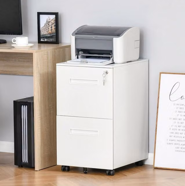Cassettiera da ufficio su ruote 39x48x67 cm in acciaio bianco, 2 cassetti con serratura