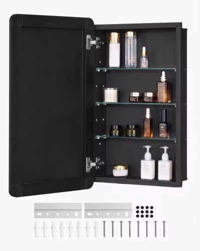 Armadietto per Medicinali VEVOR con Specchio e Ripiani in Vetro, Installazione a Incasso o a Parete, Colore Nero, L 42,0 cm x H 70,0 cm