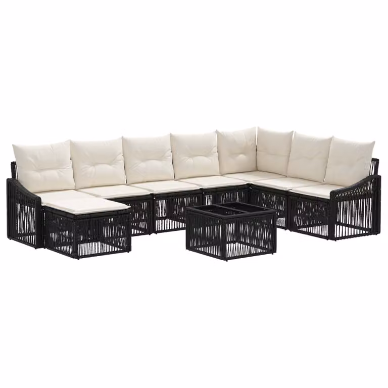 Set Divano da Giardino Moderno vidaXL 9 Pezzi Nero con Poltrone, Elementi Angolari, Ottoman e Tavolino, Struttura in Metallo e Polyrattan Resistente alle Intemperie