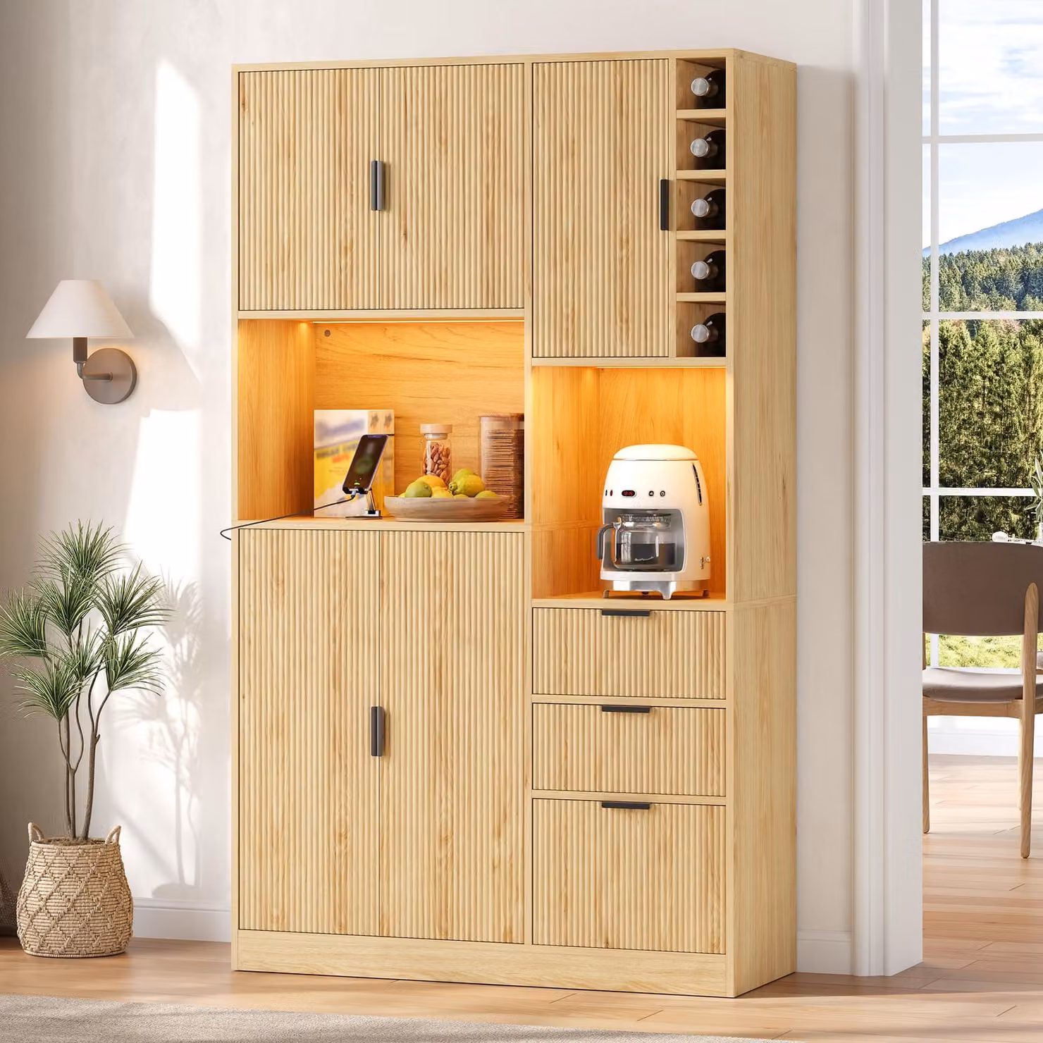MODFU, armadio da cucina alto, 180 x 105 x 40 cm, mobiletto buffet multifunzione con ripiano per vino, illuminazione a LED e 3 cassetti, finitura naturale