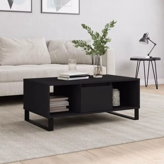 Tavolino da salotto moderno vidaXL nero in legno e metallo L: 90 cm, P: 50 cm, H: 36,5 cm