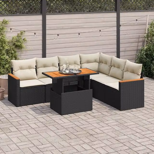 Set Divani da Giardino con Cuscini 7pz Nero Polyrattan Acacia 3327493