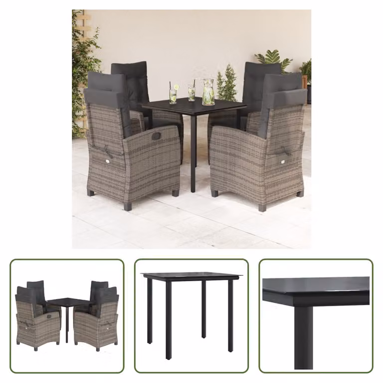 The Living Store Set da pranzo da giardino 5 pezzi con cuscini in poly rattan grigio