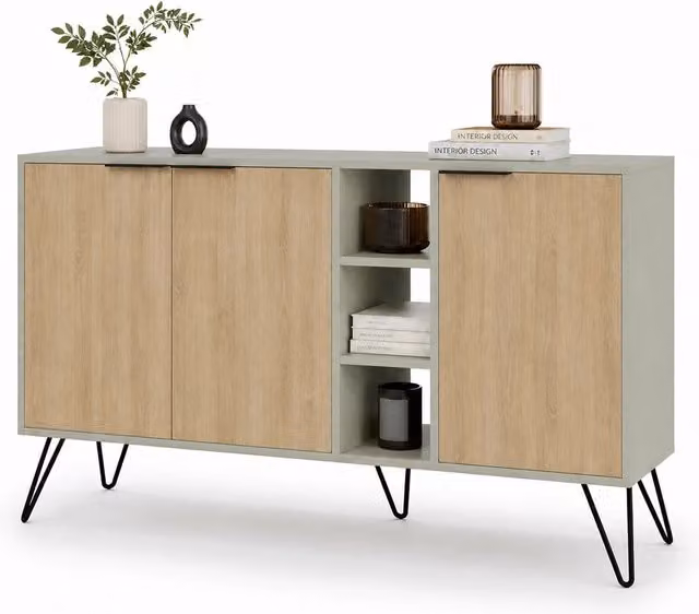 Madia Moderna Credenza con 3 Ante e Vani a Giorno 142x83 cm Quercia e Verde