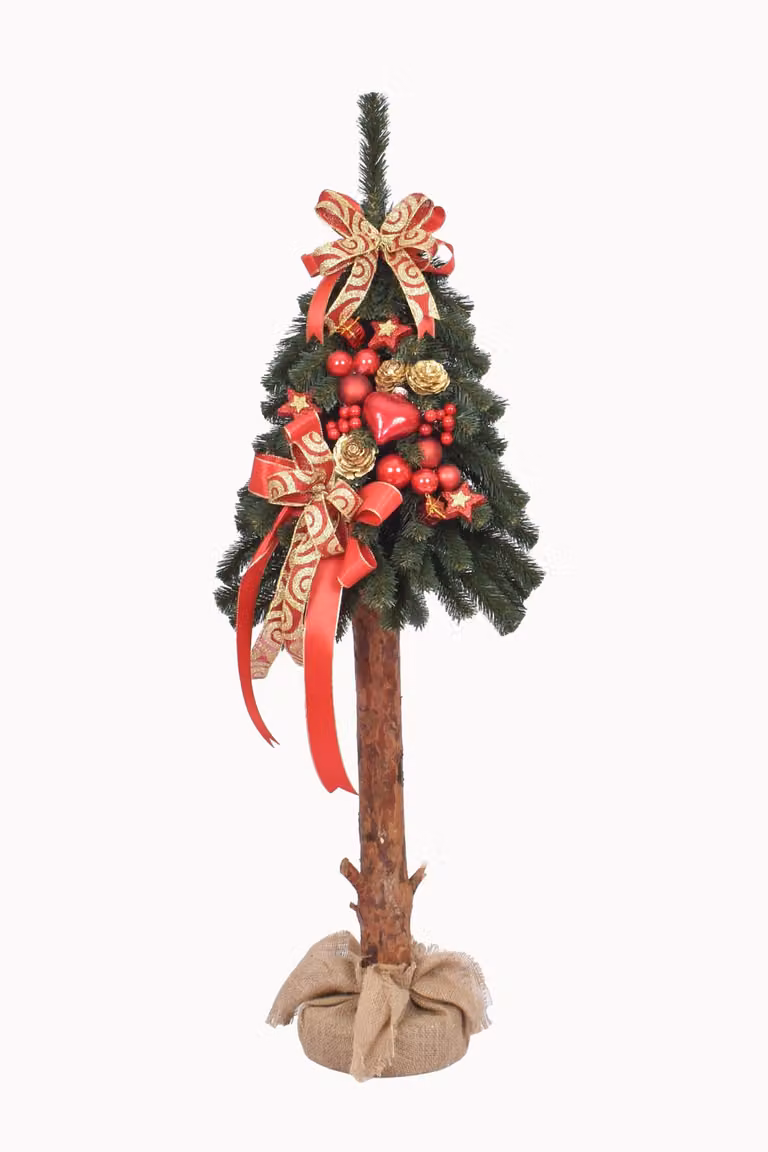 PINUS COMPANY | Albero di Natale su tronco d'albero 110 cm - Rosso - Decorazione elegante - Fatto a mano e unico