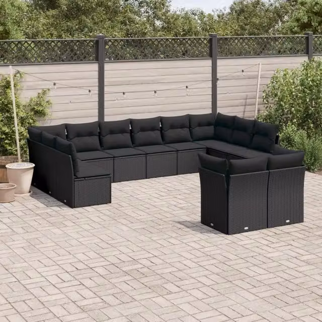Set di divani da giardino VIDAXL a forma di U in polyrattan nero con cuscini, 12 posti – 1