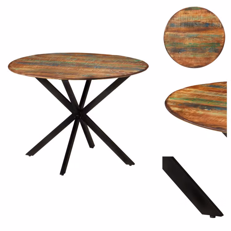 vidaXL Tavolo da pranzo Ø110x78 cm in legno massiccio antico e acciaio - Tavoli da pranzo