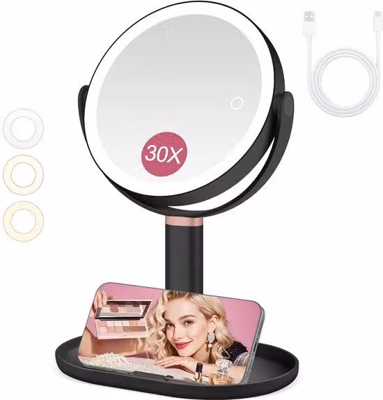 Specchio da trucco da viaggio con luce, ingrandimento 30x, ingrandimento 2x, modalità a 3 colori, luminosità/dimensioni regolabili, nero, portatile