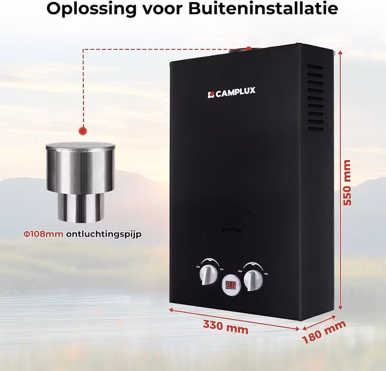 Scaldabagno a gas istantaneo BW264BC-DE, capacità 10 litri, alimentazione GPL (50 mbar), potenza 20 kW, ideale per campeggio, camper e lavaggio cavalli