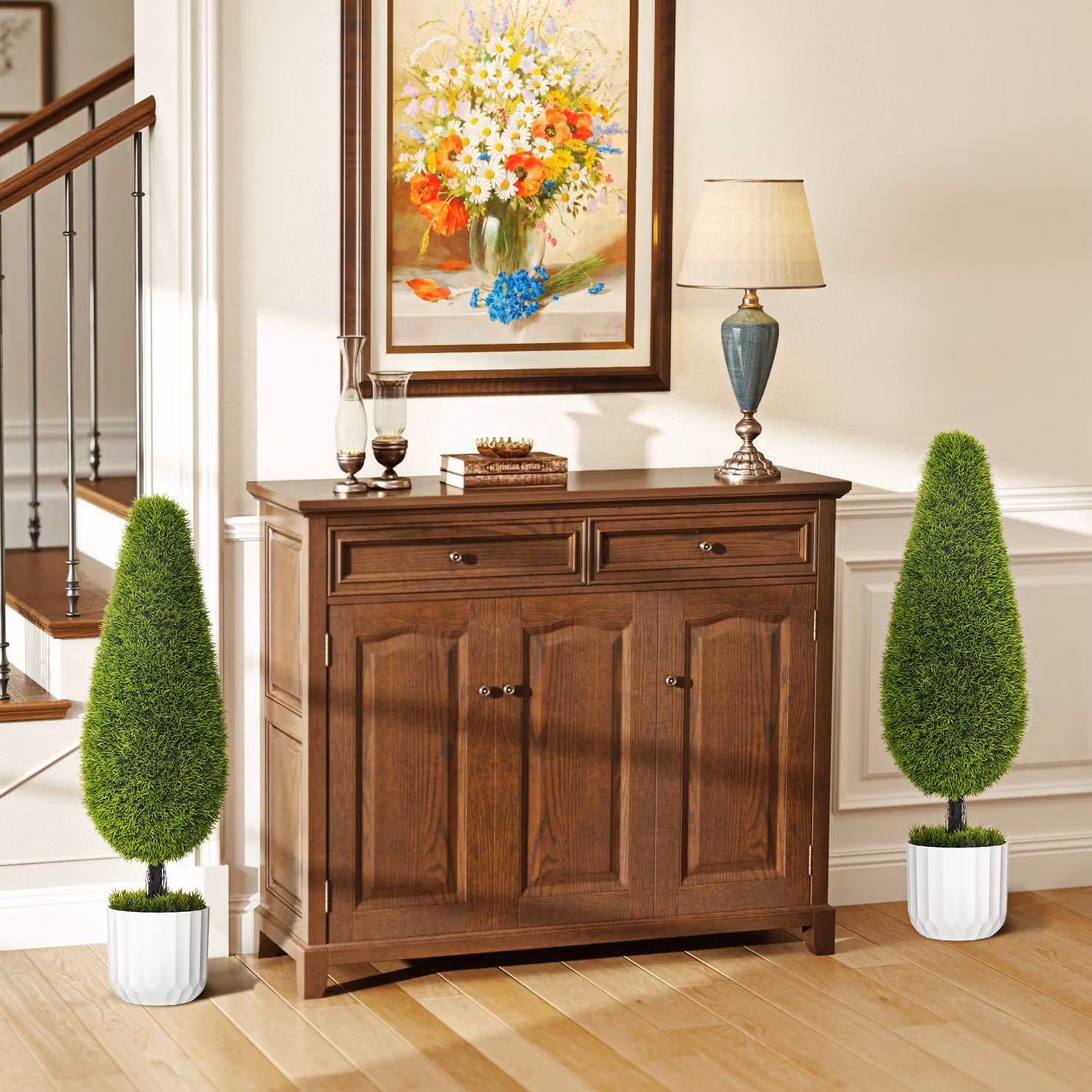 Set di 2 Piante Finte di Cipresso HOMCOM con Vasi in Cemento e Muschio, Colore Verde e Bianco, Diametro: 12 cm, Altezza: 16 cm – 2