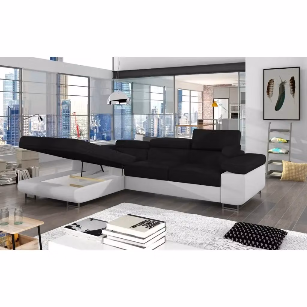 Divano ad angolo convertibile AMANDA MEUBLORAMA nero e bianco in tessuto con funzione letto e poggiatesta regolabile L/P/H: 280 x 149 x 90 cm – 2