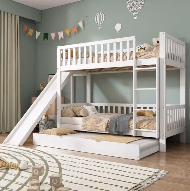 Letto a castello ULEVR 90x200 cm con letto estraibile 90x190 cm, scivolo, scala e sponde, bianco
