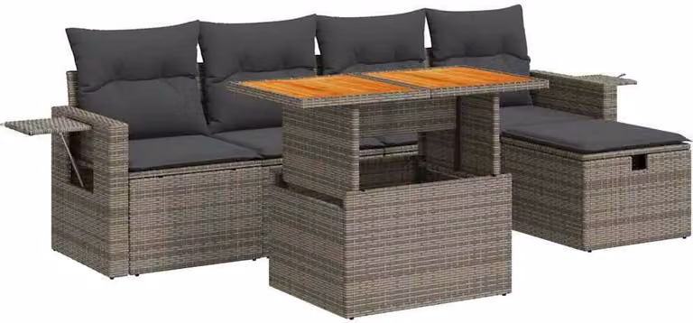Set Divano da Giardino 6pz con Cuscini Grigio Polyrattan Acacia