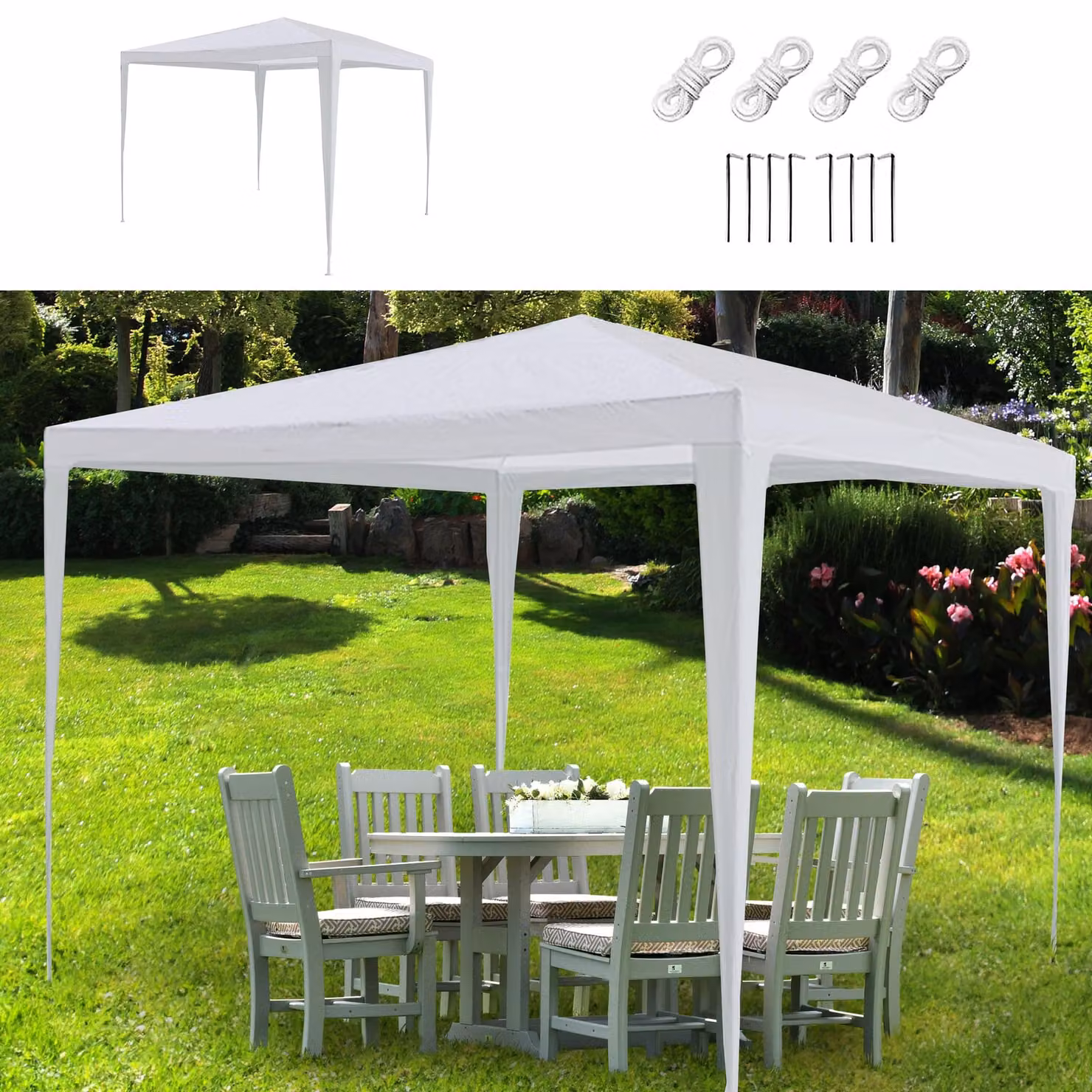 Tenda da festa a gazebo, 3x3 metri, bianca, in acciaio, con telo in PE da 90 g/m², dotata di 4 corde e 8 picchetti. Offre protezione dai raggi UV. Ideale come tenda da giardino o gazebo