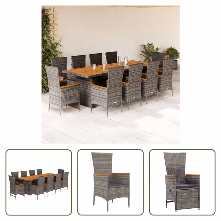 The Living Store Set da pranzo da giardino 11 pezzi con cuscini in poly rattan grigio