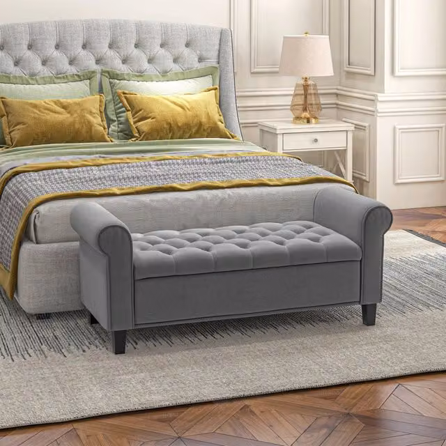 Panca imbottita con contenitore WISHDOR in velluto grigio, L: 126 cm, P: 48,5 cm, H: 57 cm