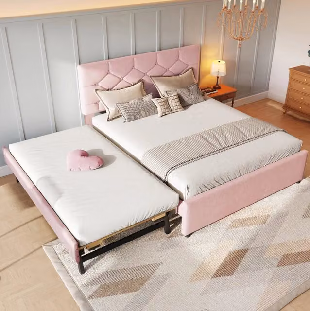 Letto imbottito matrimoniale 140x200 cm in velluto rosa con letto estraibile e rete