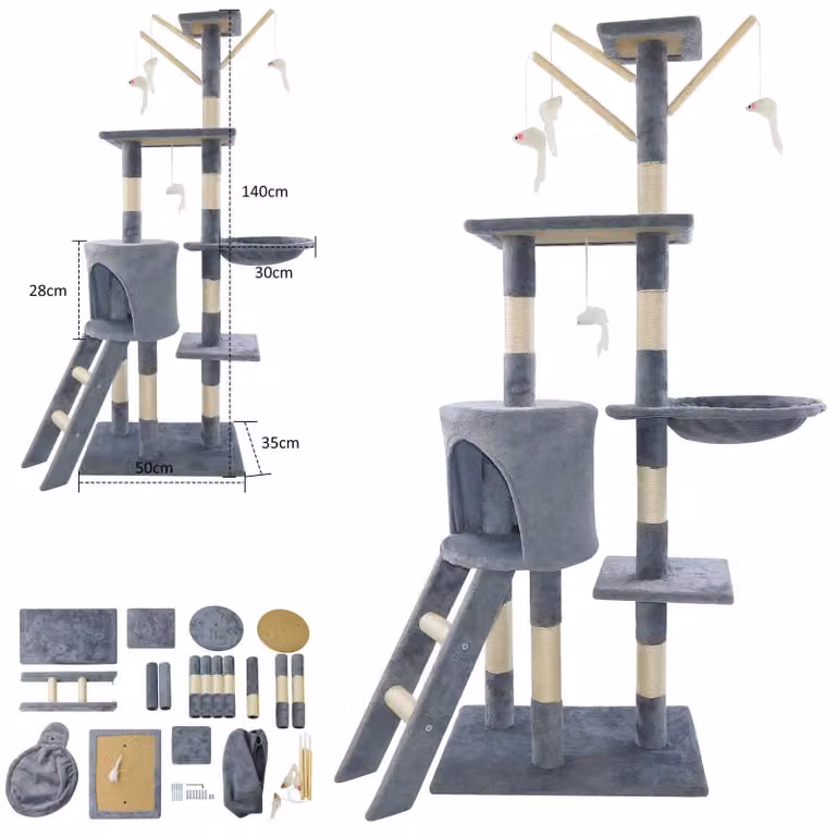Torre per gatti - Torre da arrampicata - 5 livelli - 50 x 35 x 140 cm - Sisal, legno e tubi di cartone - Grigio