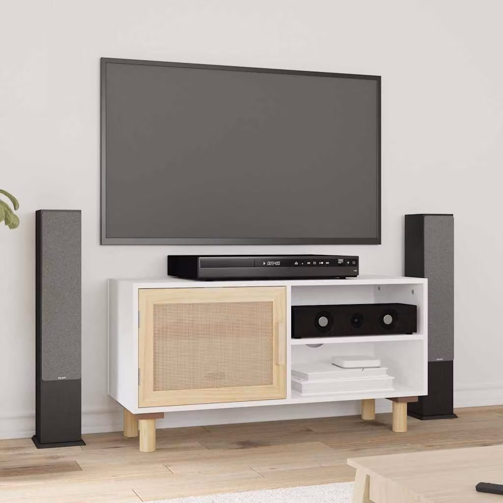 Mobile TV vidaXL in legno di pino massello e rattan naturale, Bianco, L 80 cm x P 30 cm x H 40 cm
