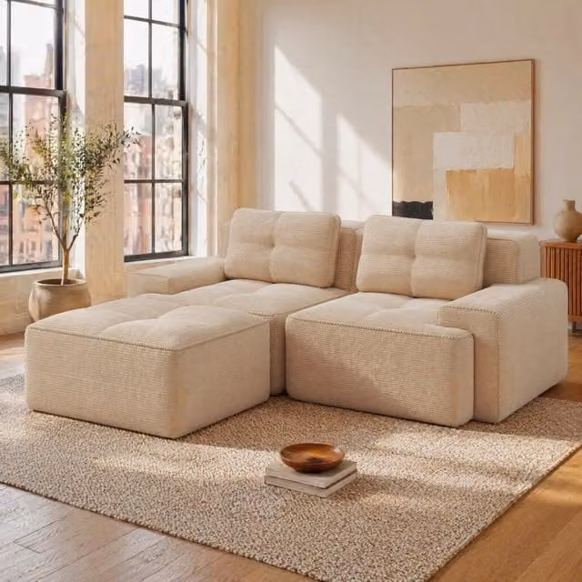 Divano modulare L 204x177x69 cm in tessuto a coste beige con ottomana, per soggiorni –