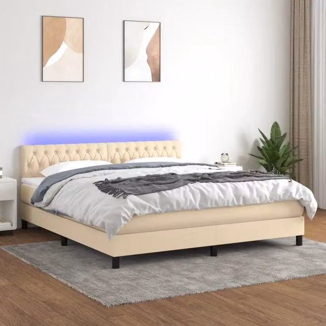 Letto a molle con materasso vidaXL in tessuto beige e bianco con illuminazione LED sottostante e porta USB, L/P/H: 160 x 200 x 78 cm