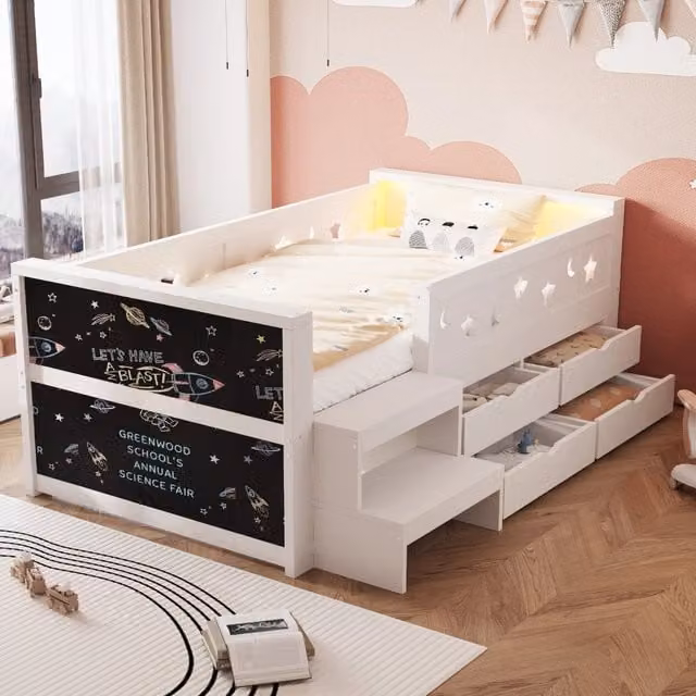 Letto per bambini con giroletto cassetti e luci LED ¨C Minimal ¨C Bianco 90x200 cm