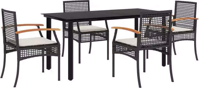 Set da Pranzo da Giardino Moderno in Polyrattan e Legno di Acacia con Piano in Vetro, Bianco e Nero