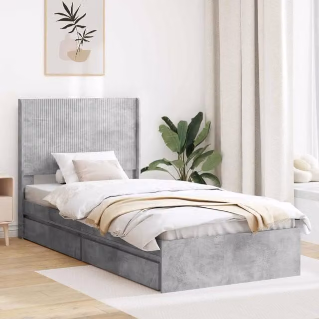 Letto moderno con contenitore e testata vidaXL in legno ingegnerizzato e tessuto, Grigio