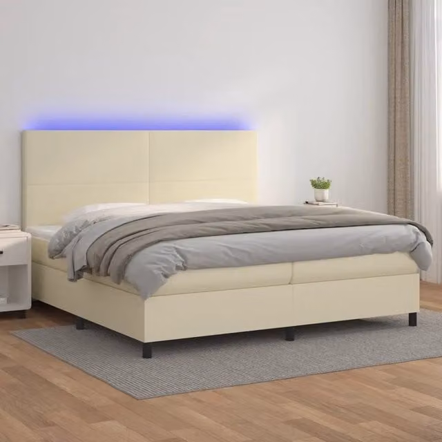Letto a Molle Ibrido vidaXL con Materasso, Illuminazione LED Sotto il Letto e Porta USB, Colore Beige e Bianco, L/P: 200 x 200 cm