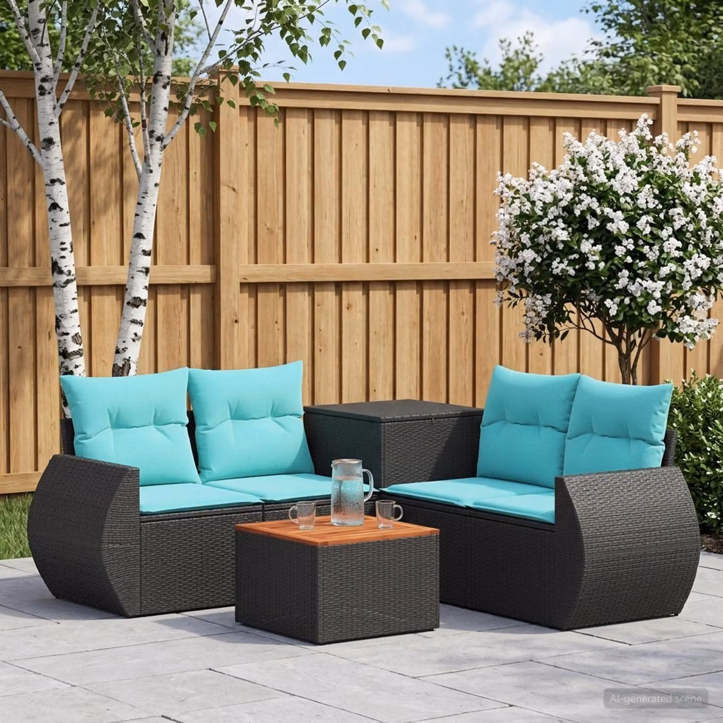 Set di divani da giardino vidaXL 6 pezzi in rattan e acciaio nero e blu con cuscini e tavolino da caffè