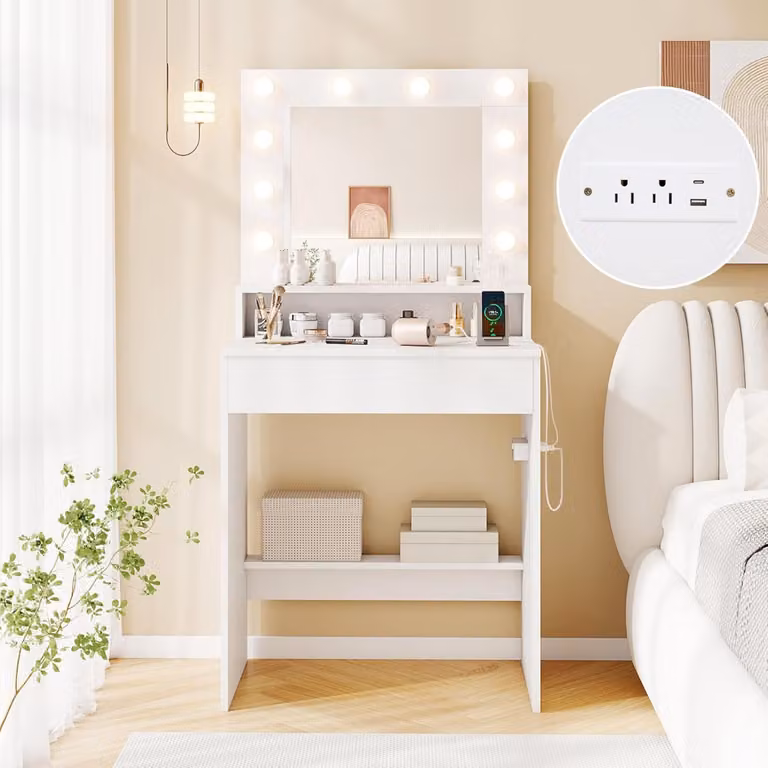 Costway Scrivania vanity con specchio Hollywood LED e luminosità regolabile, Tavolo da trucco moderno Bianco