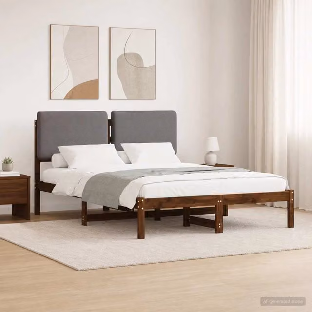 Letto moderno vidaXL con testiera rivestita in tessuto e struttura in legno di acacia, marrone e grigio, L 120 x P 190 cm, H 85 cm – 1