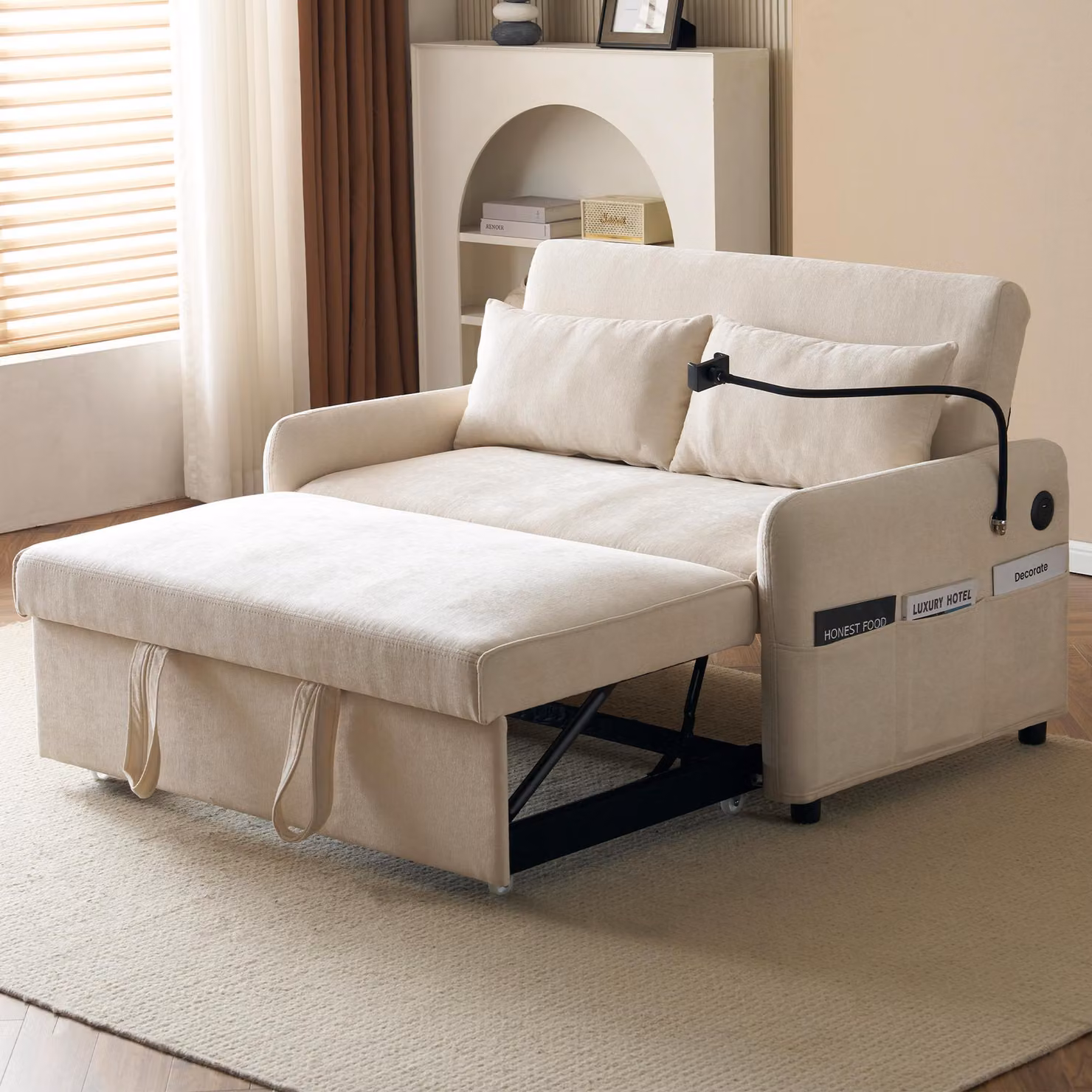 Divano letto Merax, divano letto pieghevole a 2 posti con funzione letto, schienale regolabile, porta di ricarica USB e porta cellulare, divano letto in ciniglia, divano, beige