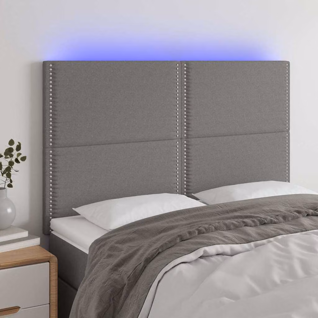 Testiera per letto vidaXL con illuminazione LED e porta di ricarica USB, Grigio, L: 144 cm, P: 5 cm, H: 118-128 cm