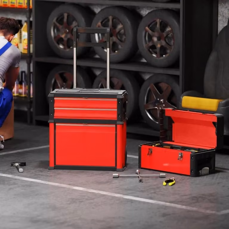 Carrello portautensili WISHDOR con 3 unità modulari impilabili, struttura in acciaio e plastica, rosso, L/P/H: 72 x 45 x 52 cm