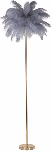 Lampada da terra Palm grigia in metallo dorato con piume di struzzo