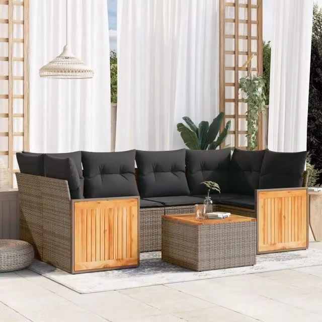 Set Divani da Giardino 7 pz con Cuscini Grigio in Polyrattan 3259883